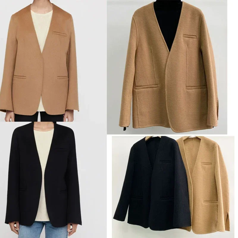 2024 New Fashionable Women\'s V-neck Suit Pioneer Camel Black Long sleeved Sleeves Seamed Edge Pockets Woolen Coat