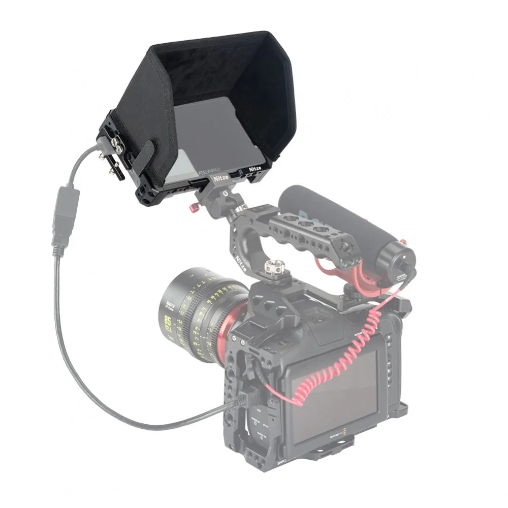 Nitze Monitor Cage w SunHood HDMI Cable Clamp Built-in NATO Rail for Feelworld LUT5