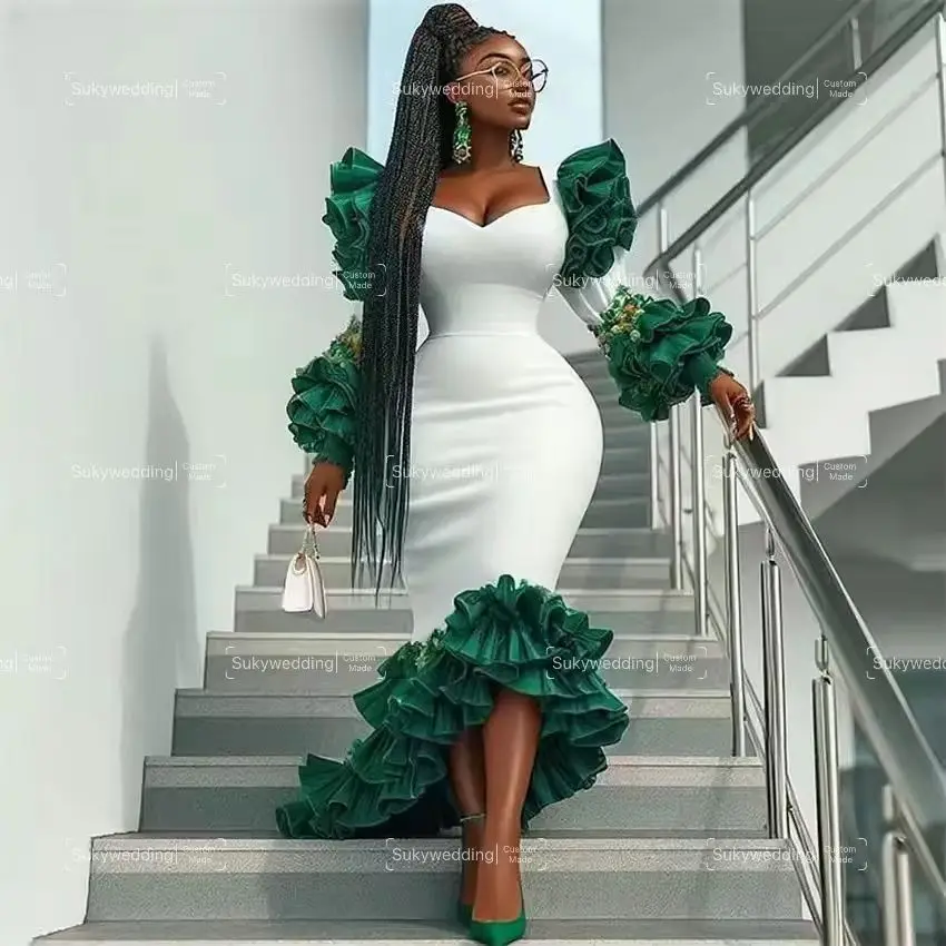 

Green white Mermaid Evening Dresses For Black Girls Ruffles Long Sleeves Birthday Gowns 2025 Vestidos De Fiesta Customized