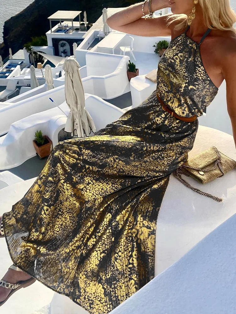 Summer Off Shoulder Women Loose Long Dress Elegant Female Sleeveless Party Club Dress Beach Loose Halter Chic Maxi Dress Vestido