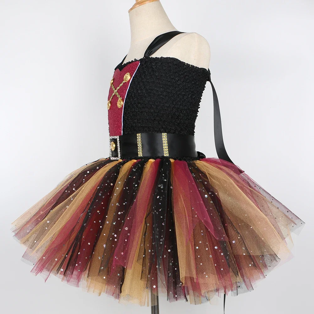 Girls Pirate Tutu Dress Costume Black Burgundy & Gold Girl Birthday Party Ball Gown Glitter Kids Gala Halloween Pirate Dress Up