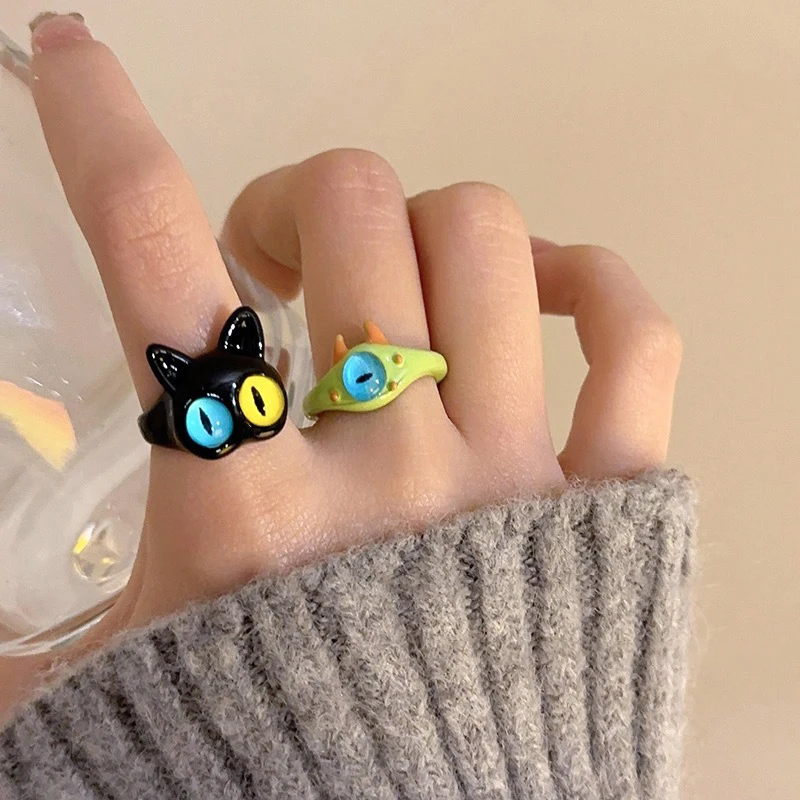 .1Pc Cute Green Monster Rings Women Fashion Sweet Two Color Cat Eyes Open Couple Ring Wedding Finger Accessories Jewelry Gift
