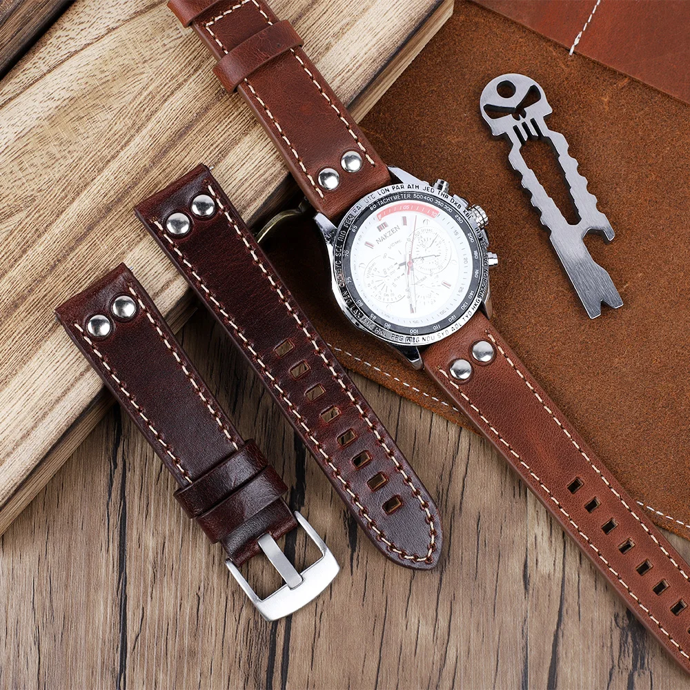 Genuine Leather Rivets Watch Band 20mm 22mm Coffee Brown Watchband Stainless Steel Pin Buckle Wrist Belt Strap Bracelet for Men