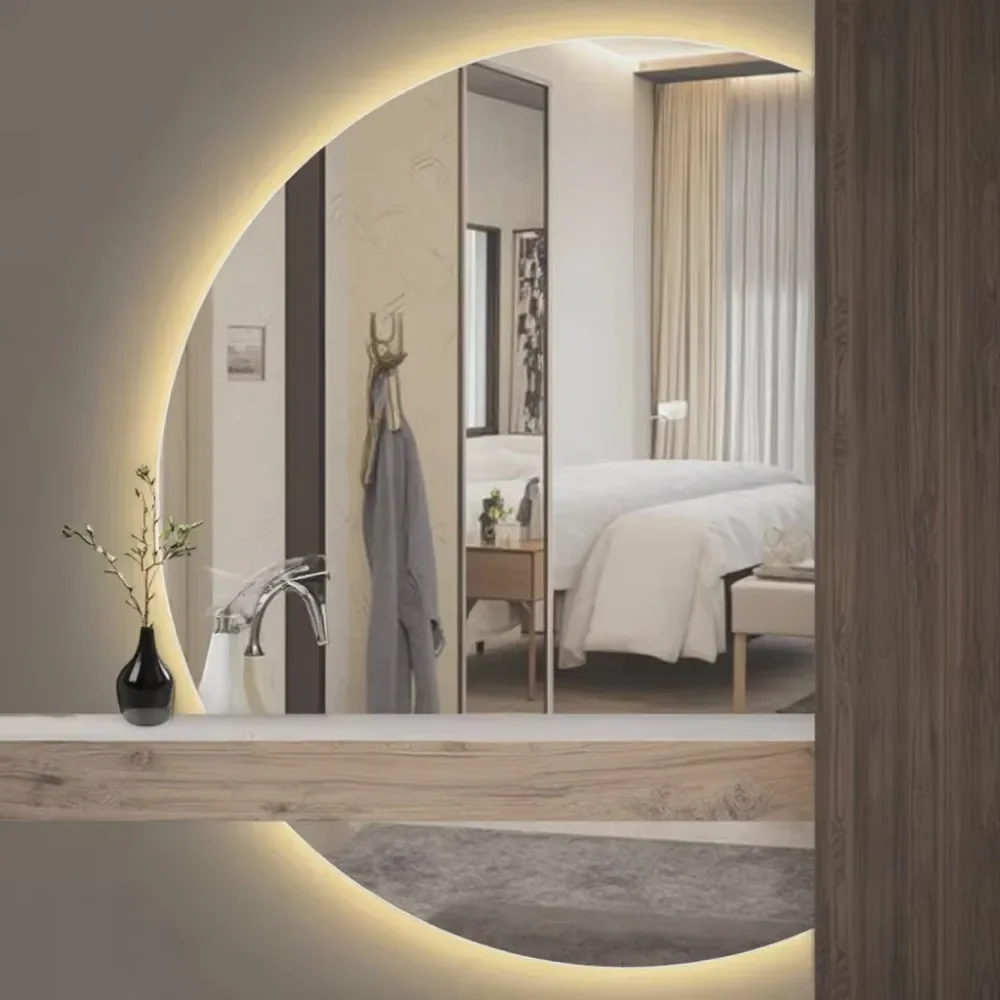 Hotel Interior Large Frameless Wall Bath Mirror with Light Irregular Half Round Smart Mirror Moon Espejo Bathroom Led Mirror
