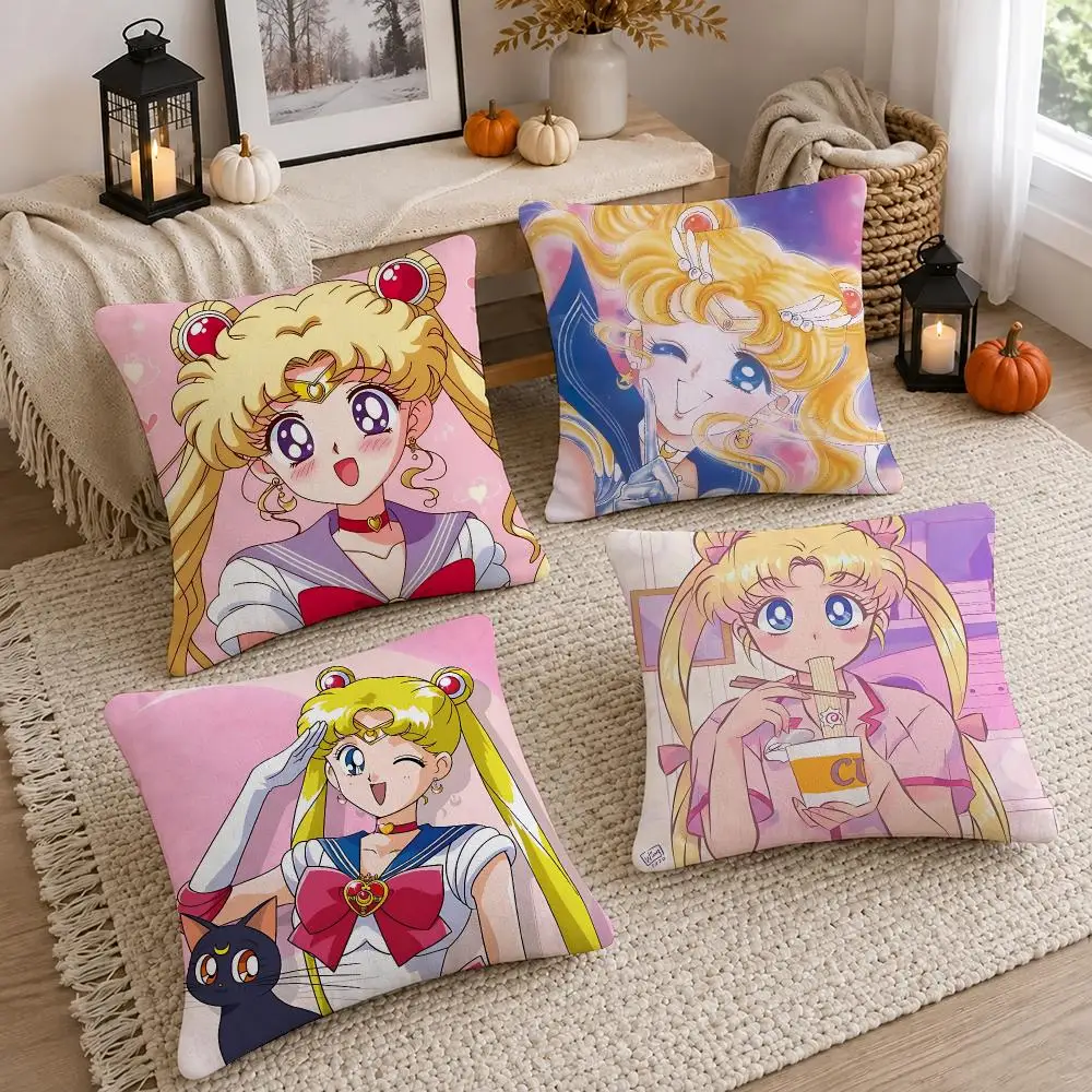 Iconic Anime Sailor Moon Cushion Cover Short Plush Pillow Cover, Washable Wrinkle-Resistant for Sofa Bedroom Decor Gift