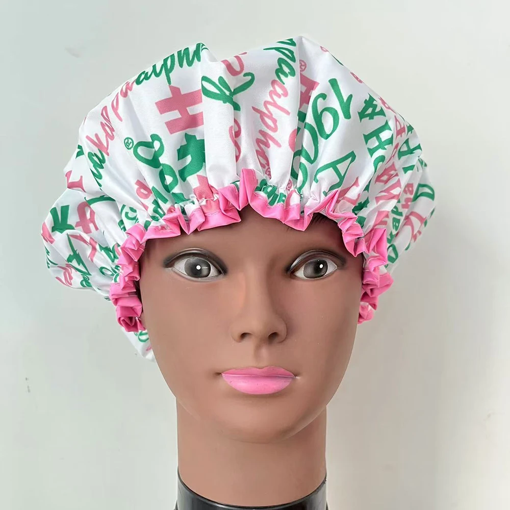 Alpha Pink and White Shower Cap Features Organization Name and Feminine Greek Letters