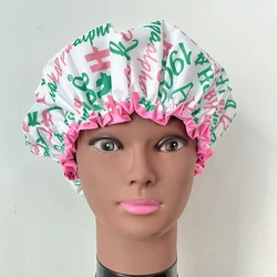 Alpha Pink and White Shower Cap Features Organization Name and Feminine Greek Letters