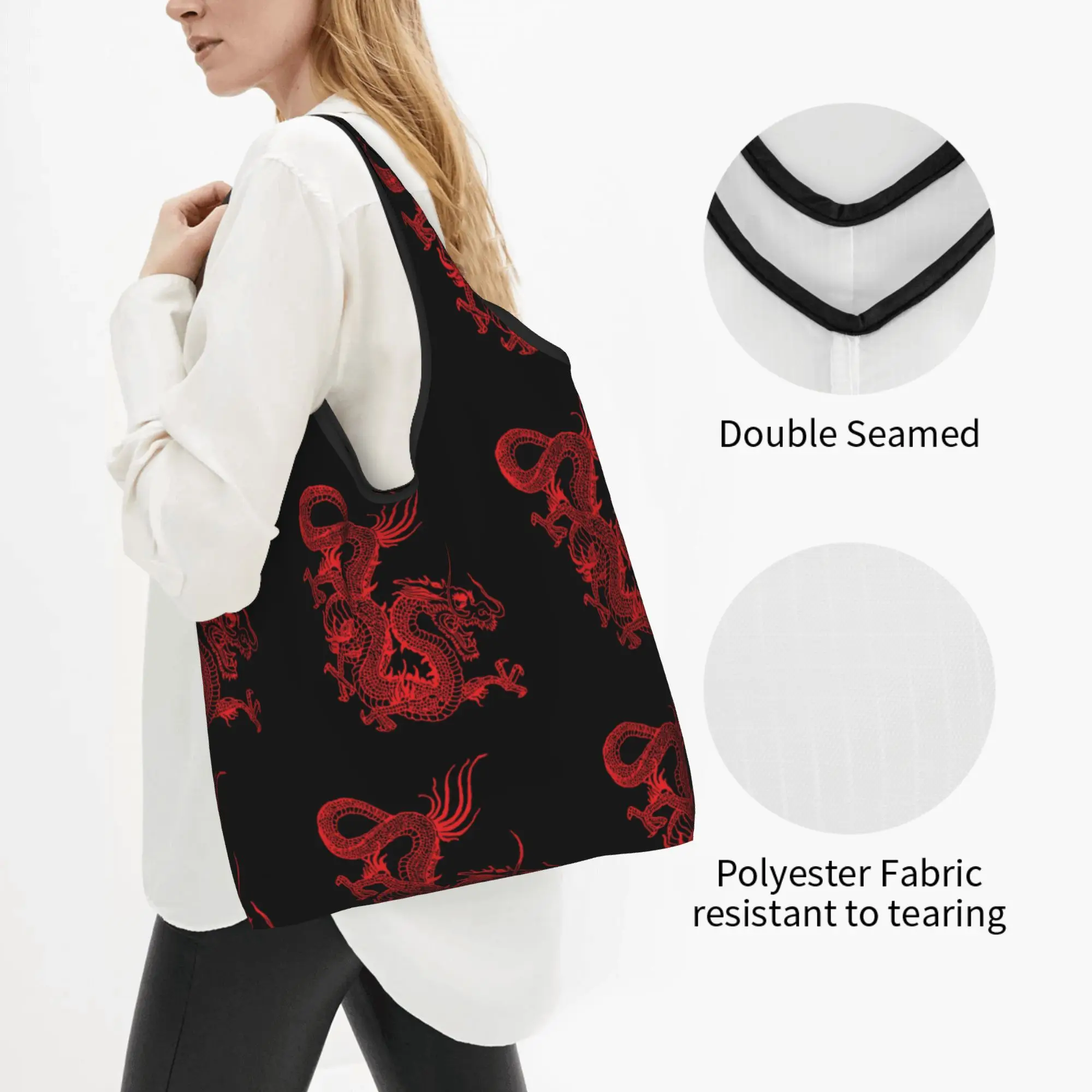 Cute Red Chinese Dragon Shopping Tote Bags Portable Asian Oriental Style Art Grocery Shoulder Shopper Bag