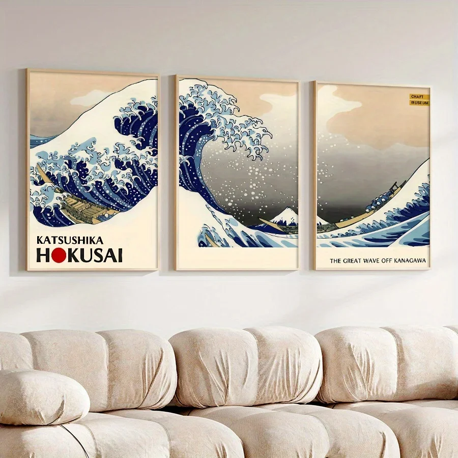 3pcs frameless Canvas Painting 3pcs/Set Retro Katsushika Hokusai Giant Wave Landscape Painting Canvas Print Japanese Wall Art Po