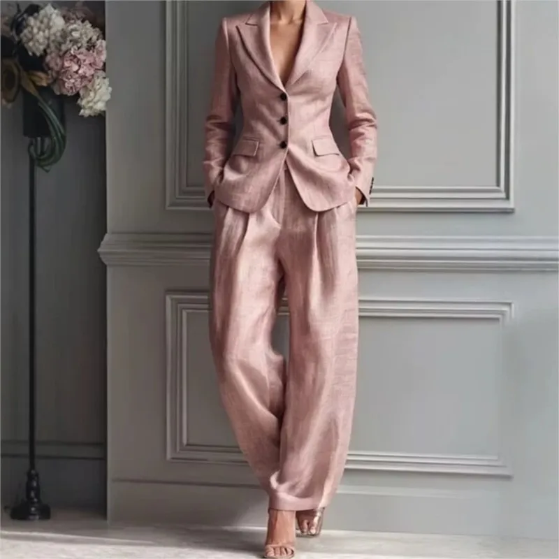 Herbst Neues Damen-Langarm-Anzug-Set 2-teilig Modischer Anzug mit Taschen Schlanker Schnitt Eleganter Damen-Büro-Hosenanzug