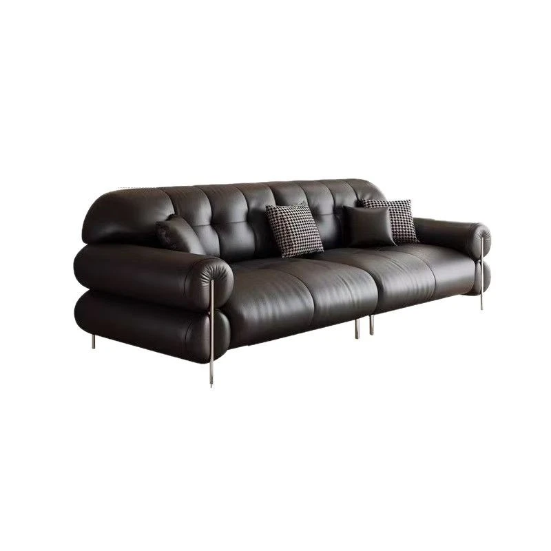Cloud Light Luxury Genuine Leather Sofa, Small Living Room Size, Black Modern First-Grain Cowhide