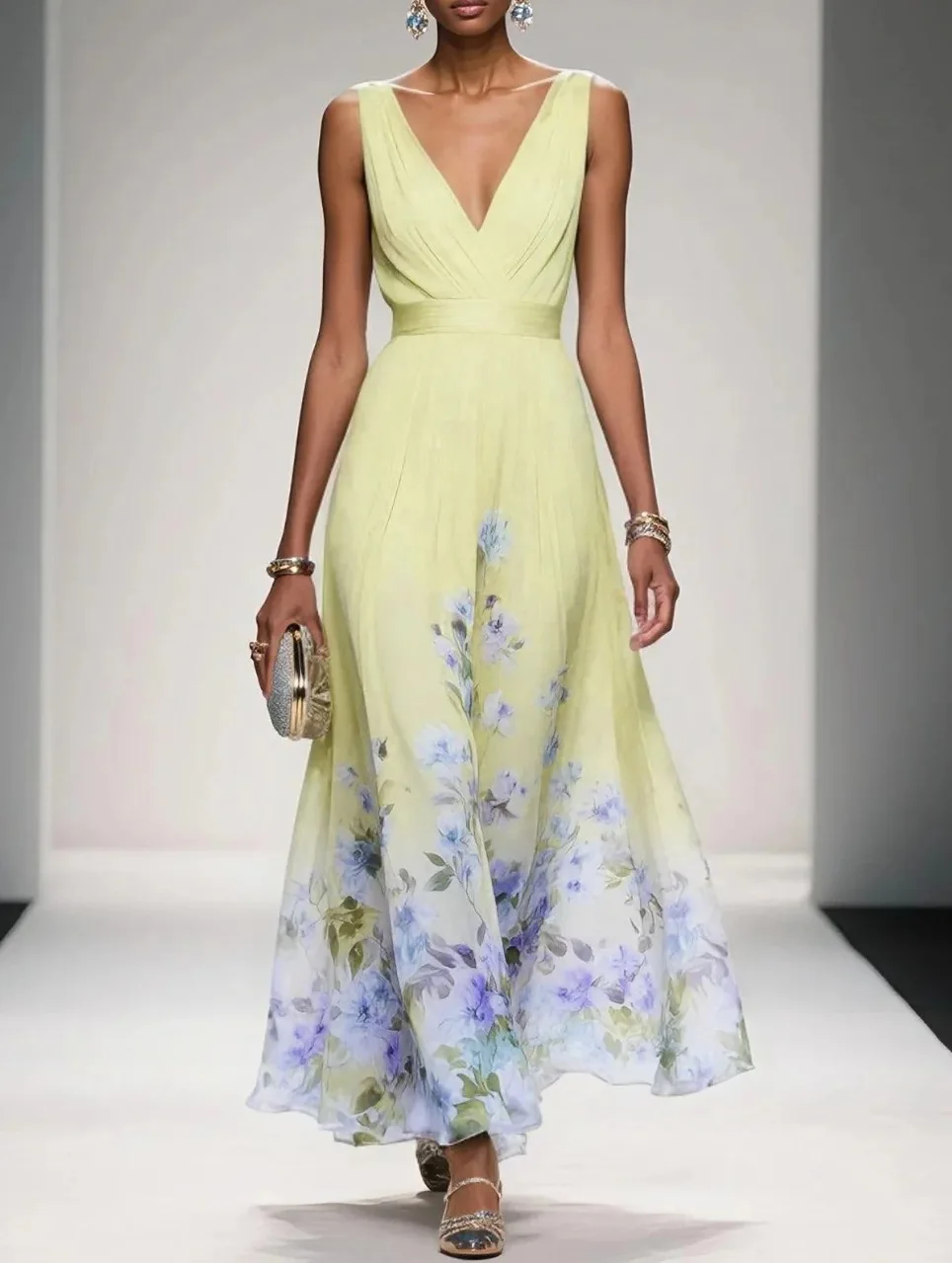 Nova moda vestidos de festa profundo decote em v floral impressão plissado sem mangas uma linha vestido de praia cintura alta verão sexy vestido feminino