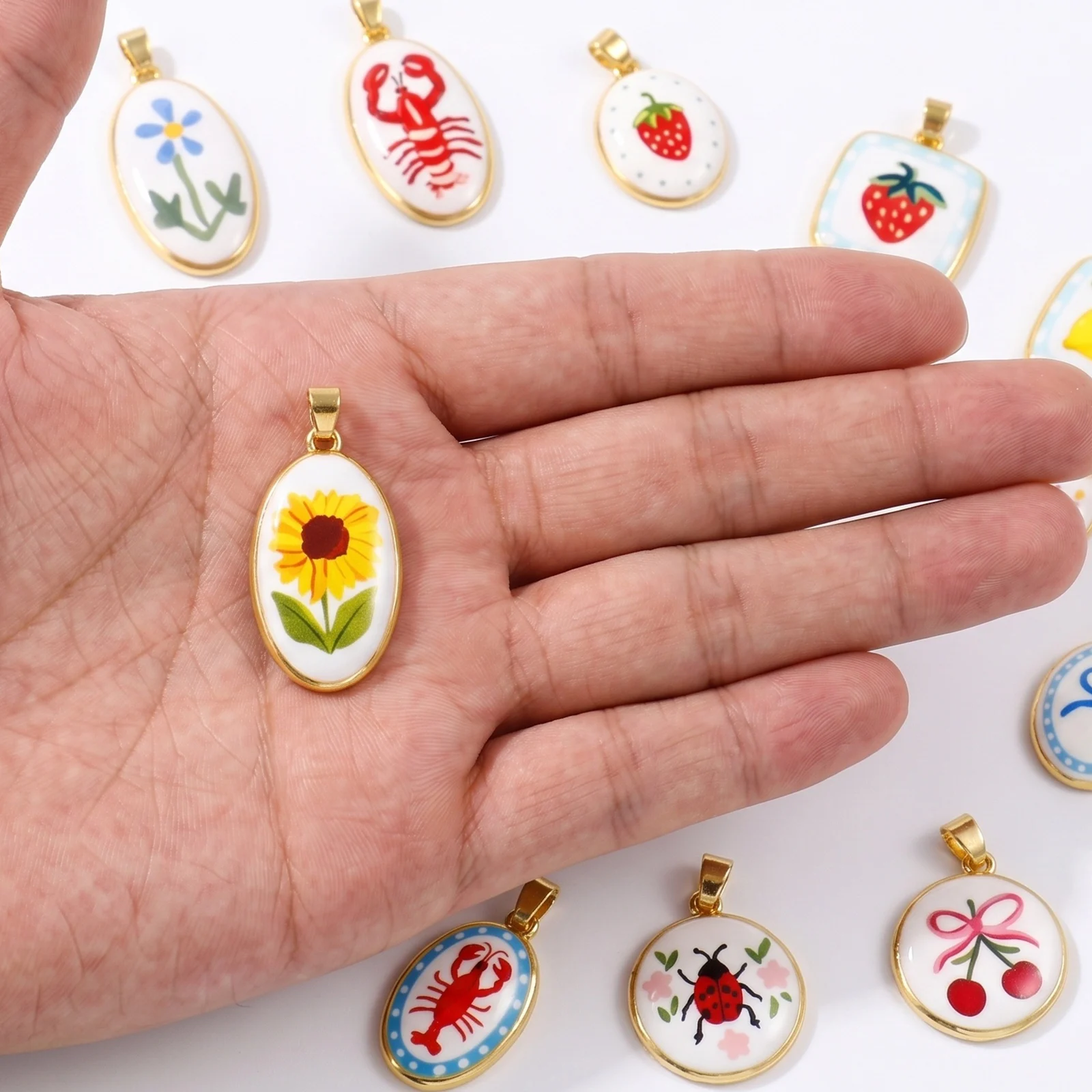 2pcs Brass Charms Geometric Oval Square Lemon Flower Lobster Printed 18K Gold Plated Pendants For DIY Necklace Making Wholesale