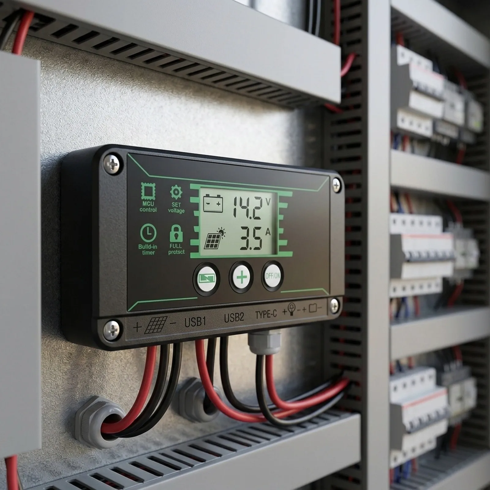 MPPT Solar Panel Controller with Integrated Digital Display for Tracking Power Input Output and Battery Health