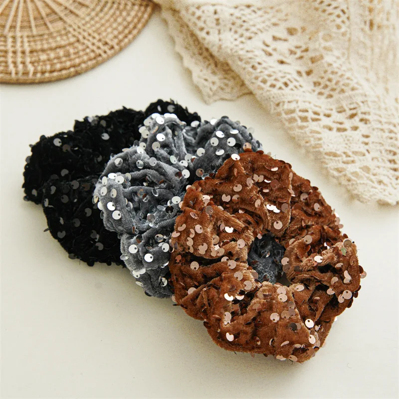 Retro Glitter Sequin Velvet Scrunchies Women Girls Party Fashion Hairbands Solid Color Elastic Rubber Bands Hair Ropes Ties New