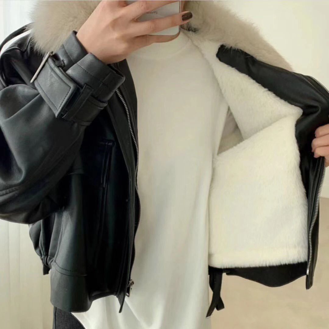 Women\'s Winter PU Leather Jacket, Female Faux Fur Collar Fleece Coats