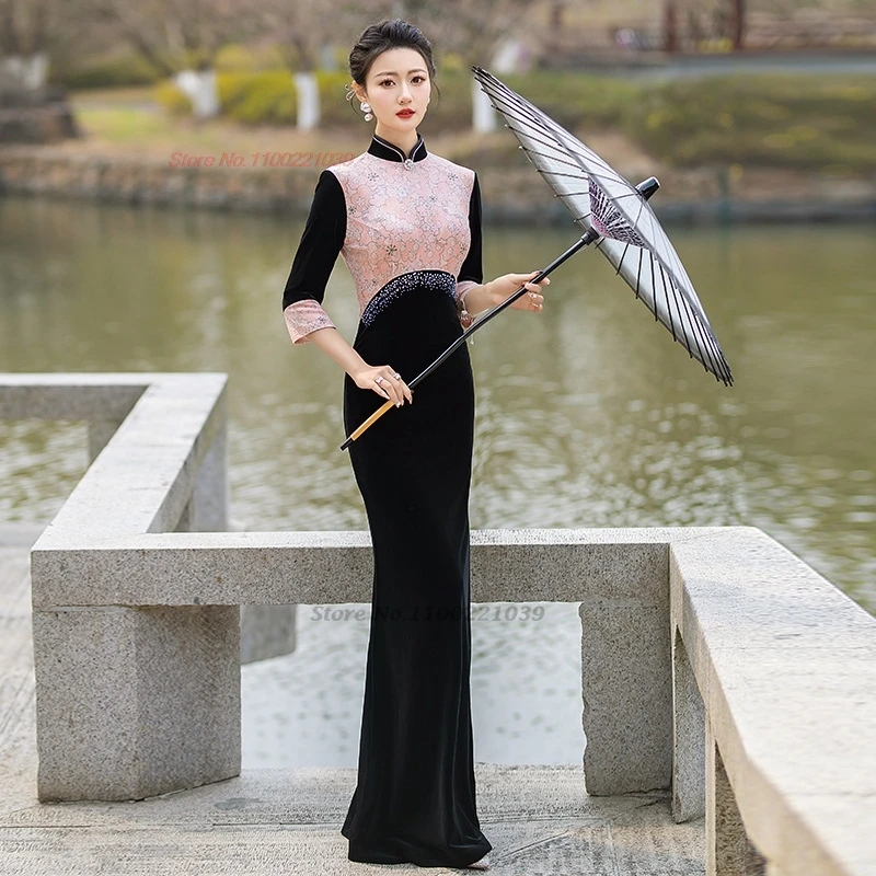 2026 chinese vintage dress improved cheongsam national flower print patchwork velvet qipao retro banquet evening dress qipao
