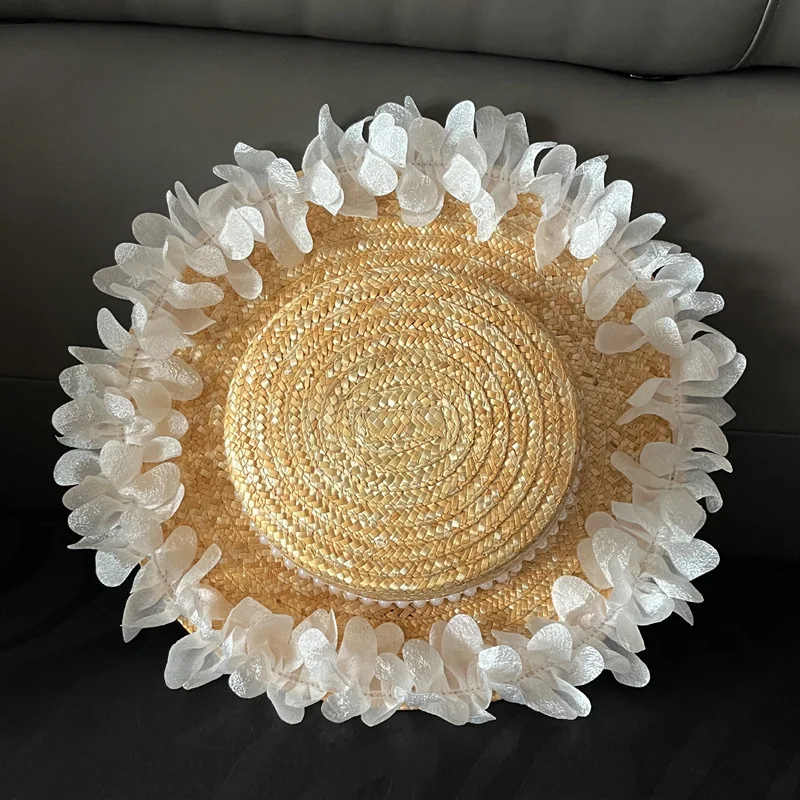 Flat Top Straw Hat with Chiffon Lace, Family Matching Beach Summer Sun Hat, Princess Style Cap, UV Protection Outdoor Vacation