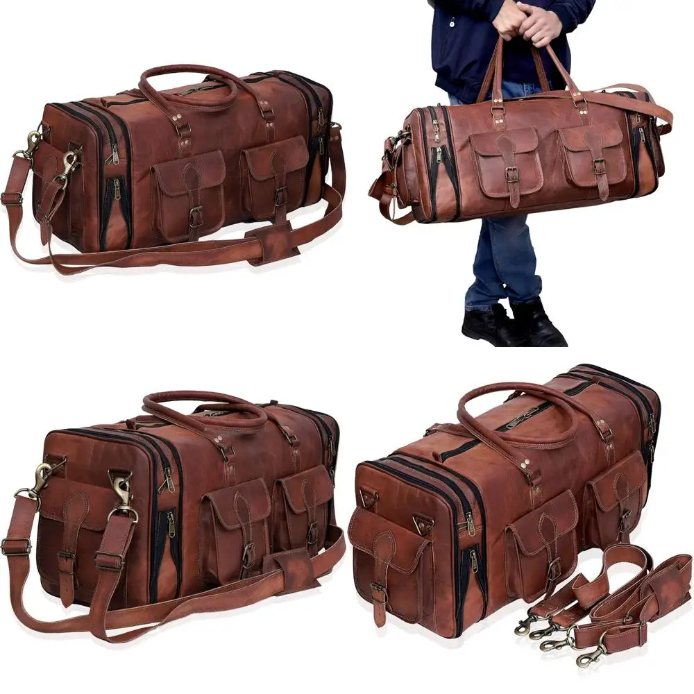 

Vintage 24 Inch Genuine Leather Duffle Bag - Handmade Men's Travel Case, Medium Overnight Carry-On Luggage for Weekend Trips