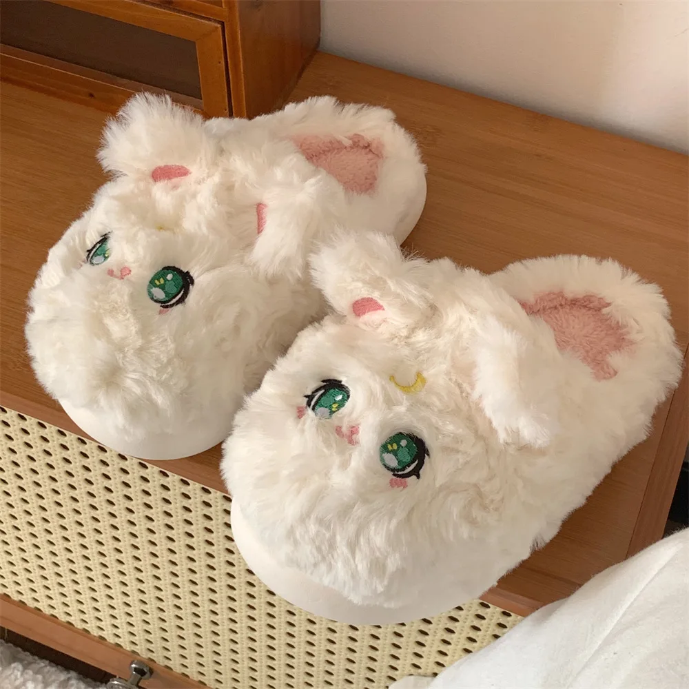 

2026 new cute cat plush slippers, women's fluffy white animal cartoon slippers, soft, warm, anti-slip indoor household slippers
