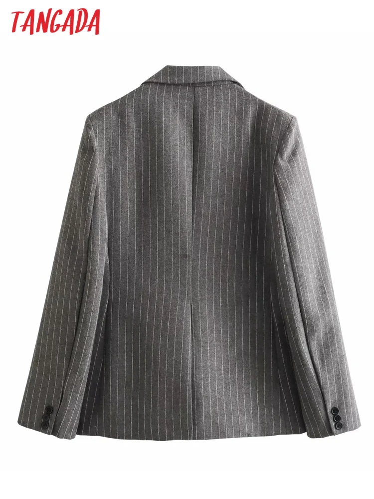 Tangada Women 2023 Winter Gray Striped Blazer Coat Vintage Long Sleeve Female Suit QD285