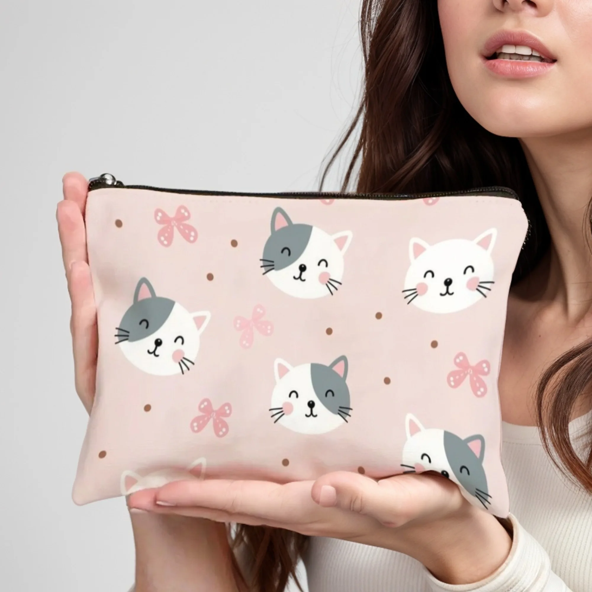 Sweet Cute Cat Cosmetic Bag with Pink Polka Dots & Bows Adorable Organizer for Lipstick & Hair Accessories Ideal Lovely Gift