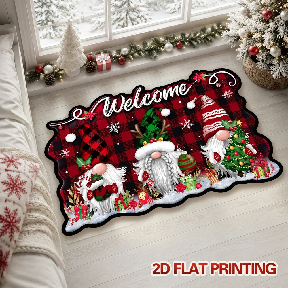 Holiday Cute Gnome Rug Irregular Shaped Three Christmas Gnomes Welcome Print Durable Anti Slip Absorbent Floor Mat