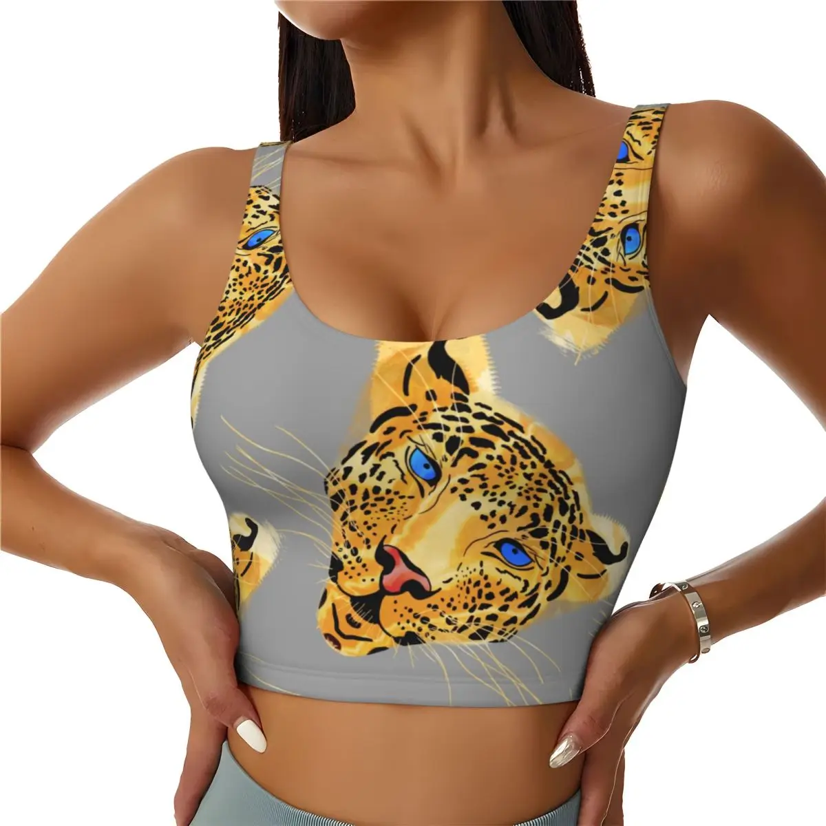 Yoga Vest Women Gym Sports Crop Tops Abstract Hand Drawing Leopard Streetwear Workout Breathable Tank Top Female