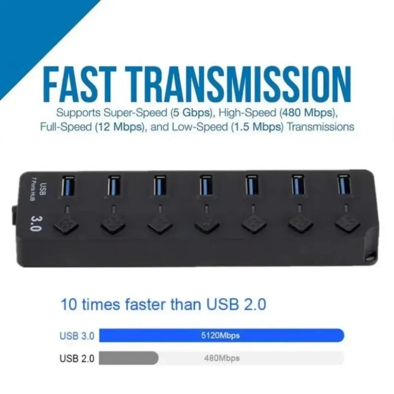 High-speed 7-port USB Hub 3.0 Adapter Expander Multi-USB Splitter Multi-expander PC Laptop with LED Light Switch