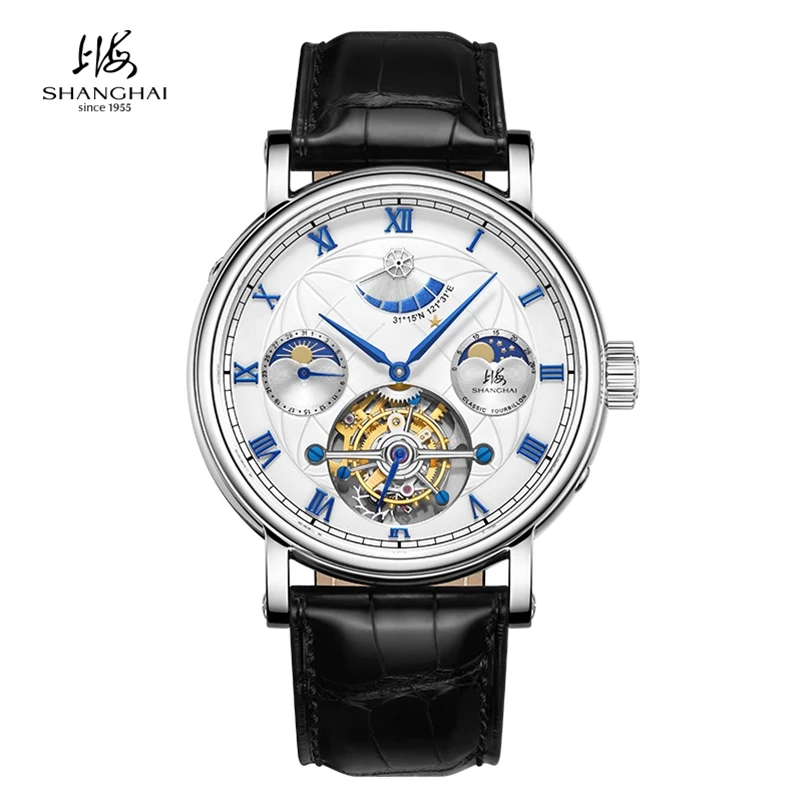 Shanghai Watch Moon Phase Men's Tourbillon Watches 43mm Calendar Mechanical Wristwatch Luxury Power Reserve Display Watch 23MT