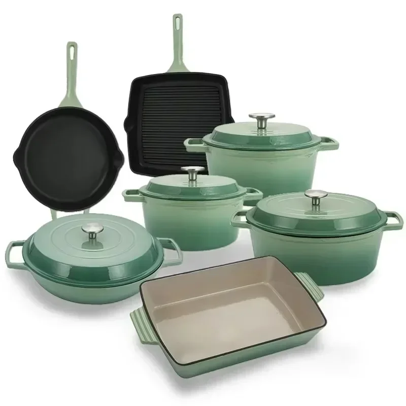 Enamel Cast Iron Cookware Set Non-Stick Ceramic Coated Cast Iron Frying Pan And Dutch Oven And Oven Safety Army Green