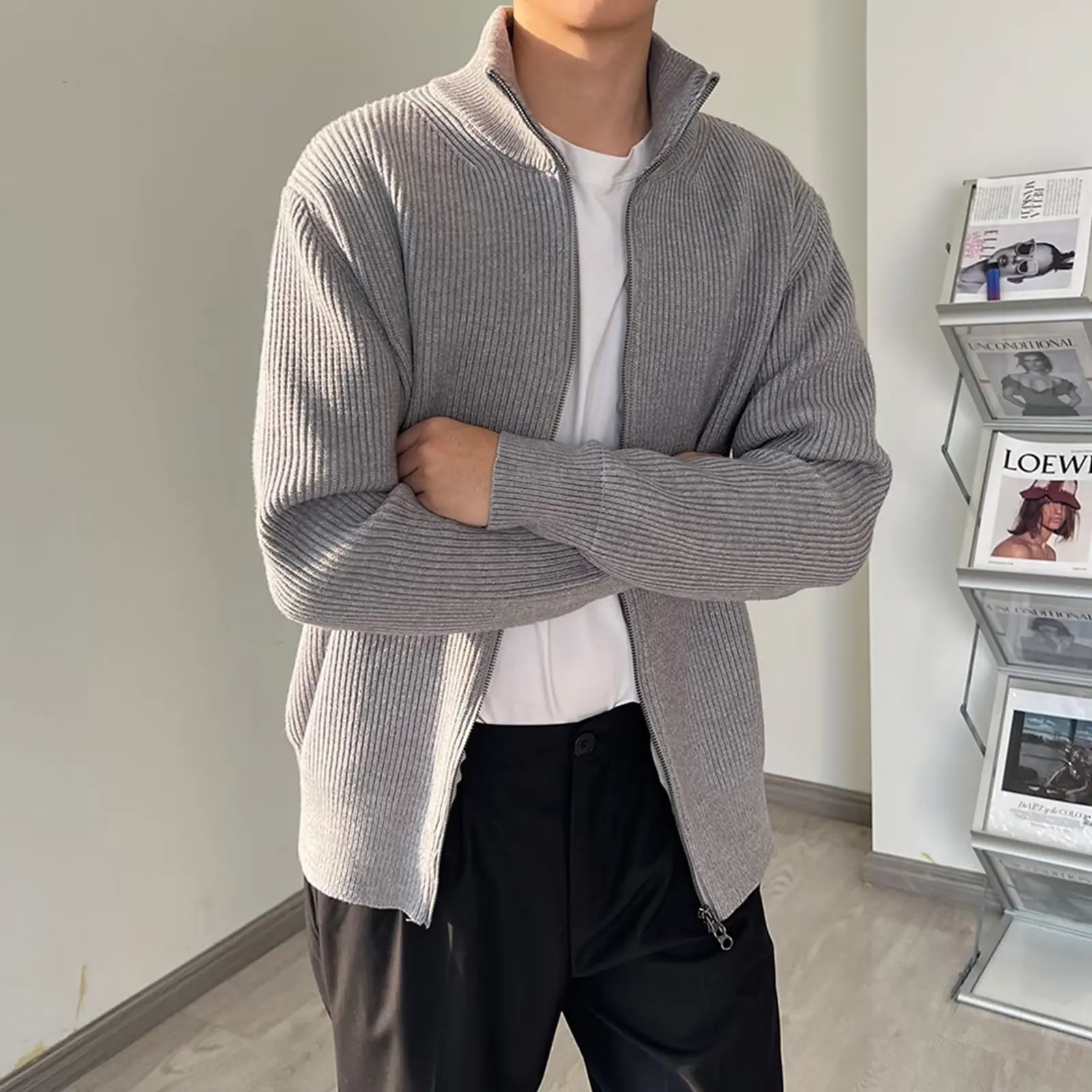 

Мужской вязаный кардиган большого размера 300, повседневный свитер с бейсбольным воротником, модный корейский зимний топ для отдыха