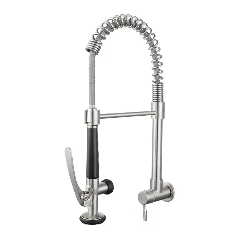 Brushed Nickel Wall-Mounted Single Cold Kitchen Faucet,Spring Pull-Out Solid Brass High Pressure Spray,Single Hole,Swivel Spout