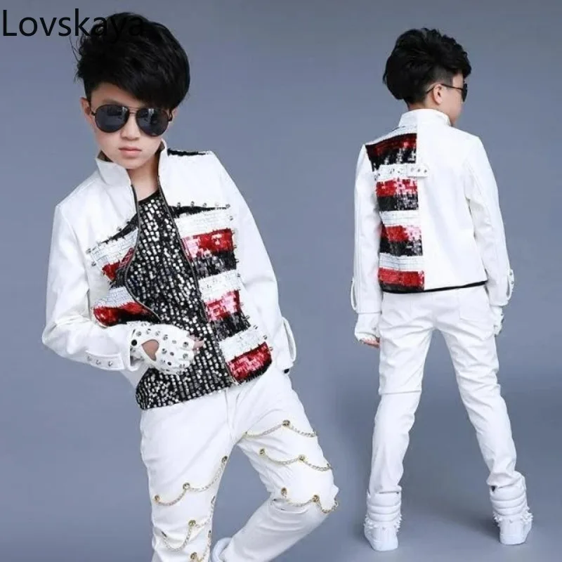 long-sleeved stage costumes drums red and white stitching costumes New children's sequins