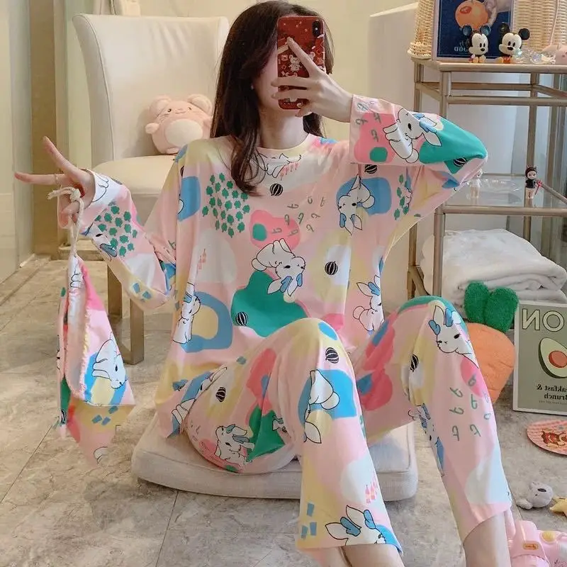 Women's Sleepwear and Home Wear Set, Spring and Autumn Long Sleeved Top, Long Pants, Cartoon Loose and Soft Casual Home Wear Set 2