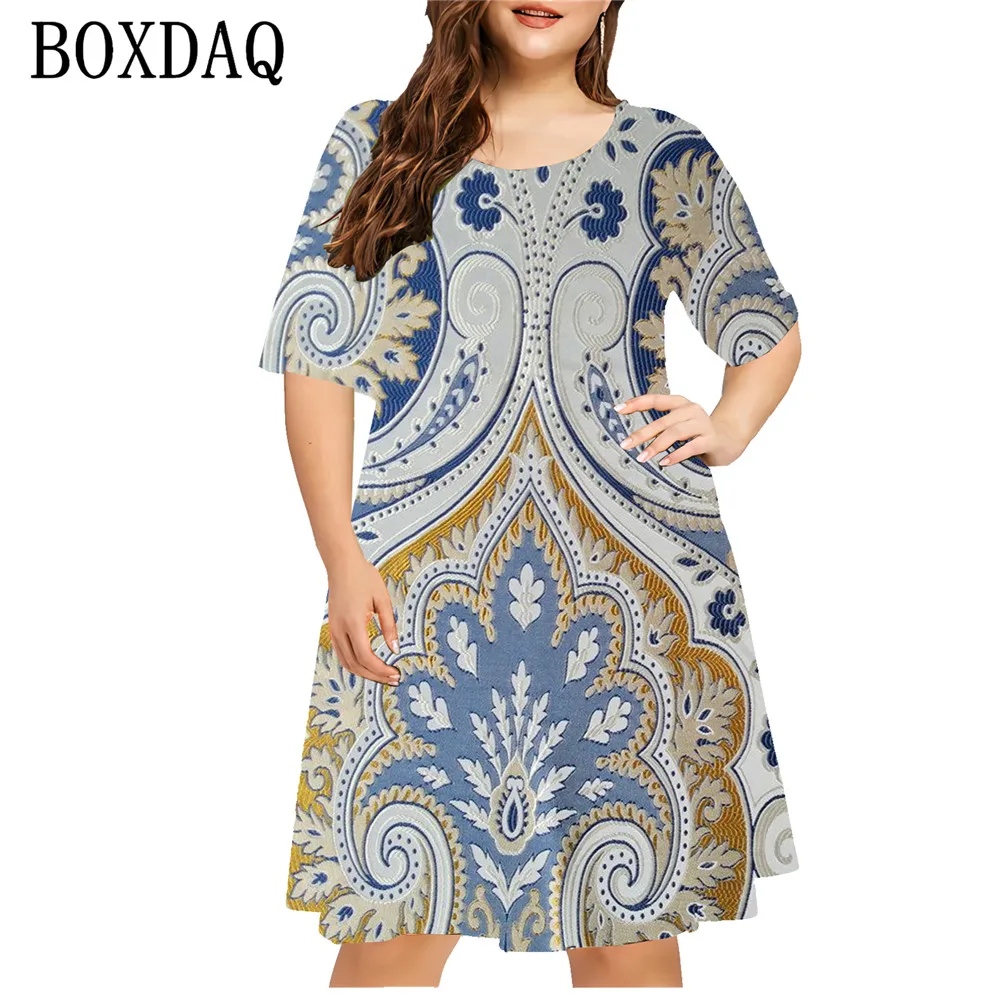 Colorful Flower Women Dress Paisley 3D Print Loose Plus Size Dress Summer Vintage Ethnic Style Short Sleeve Sundress Casual 9XL