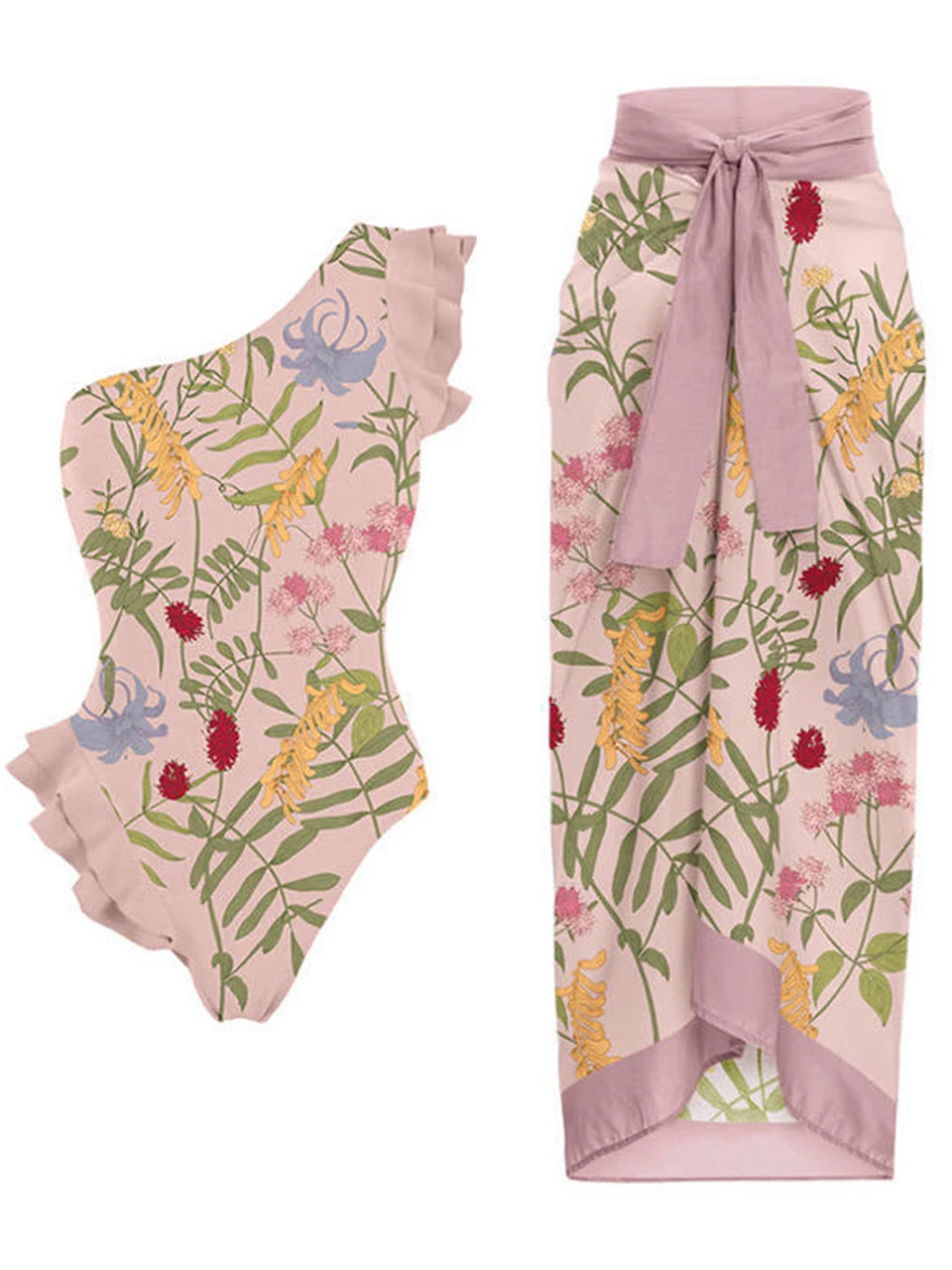 

One shoulder Ruffle Bodysuit & Beach Long Skirt Swimsuit 2024 Women New 2 Piece Bikini Set Female Swimming Swimwear Bathing Suit