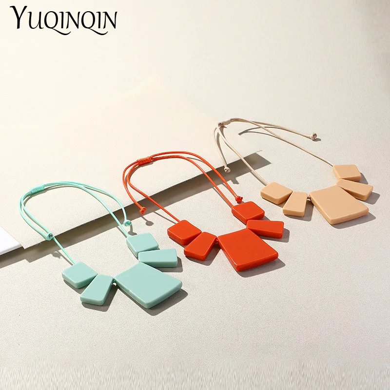 2023 Trendy Charm Colorful Rope Chain Necklaces for Women Resin Square Pendant Necklace For Girls Vintage Long Fashion Jewelry