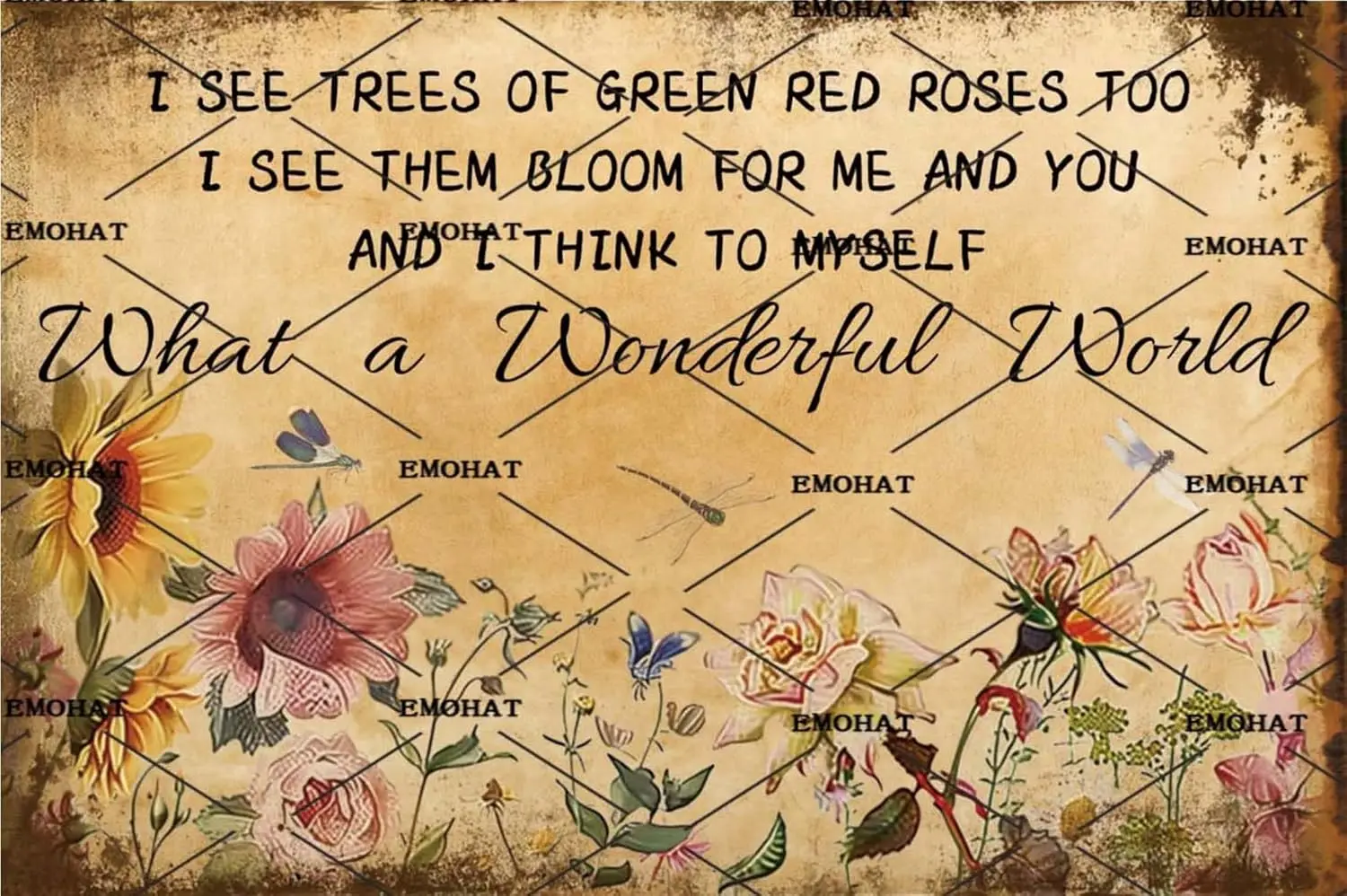 EMOHAT Vintage Garden Signs Flower Tin Sign And I Think To Myself What A Wonderful World Flowers See Trees Of Green Red Ros sign