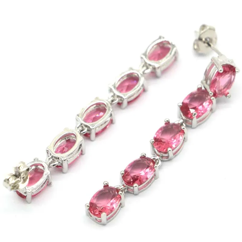 43x5mm Multi Color Created Golden Citrine Pink Tourmaline Aquamarine Women Wedding Silver Plated Earrings
