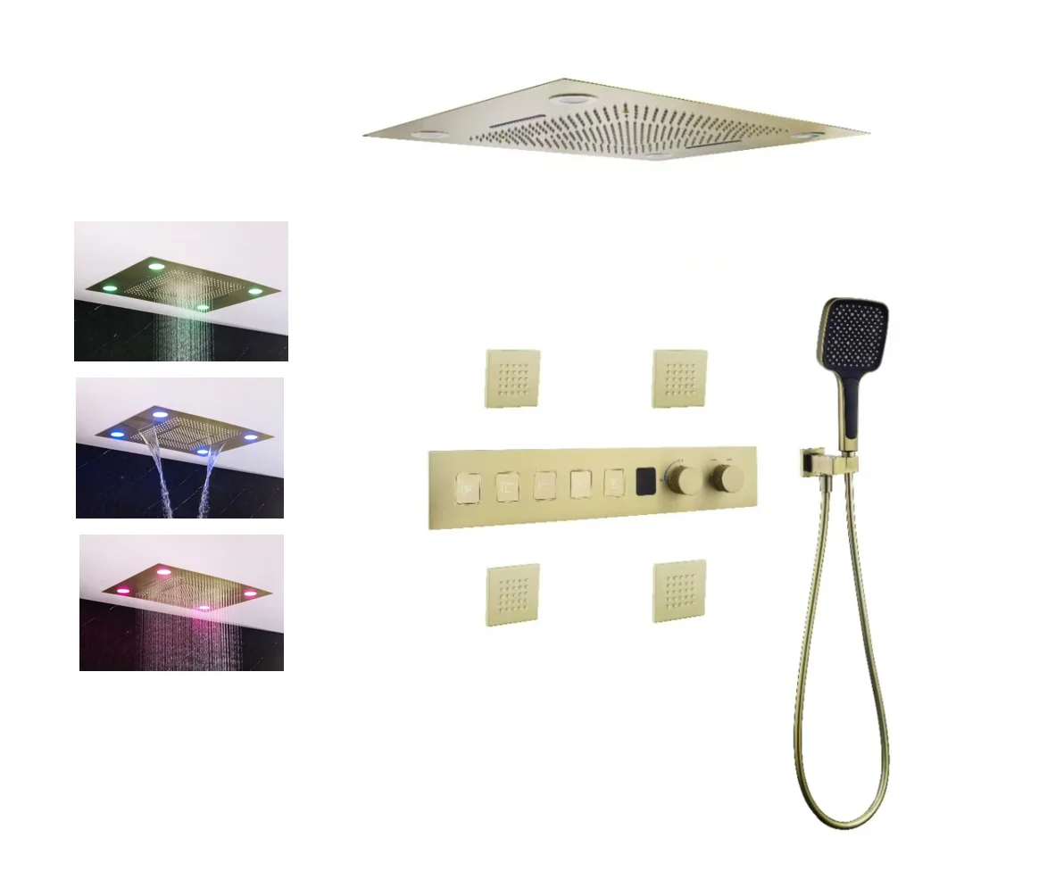 5 Ways Ceiling Rain LED Smart Thermostatic Shower System Faucet Brass Square Modern Ceramic Hotel Black Shower Set Body Jets