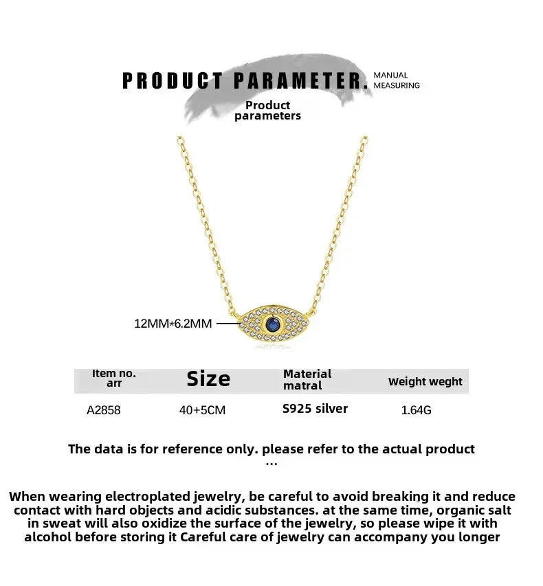 S925 เงินสเตอร์ลิงชุบทองคลาสสิกสีฟ้าเพทายปีศาจตาสร้อยคอจี้สําหรับผู้หญิง