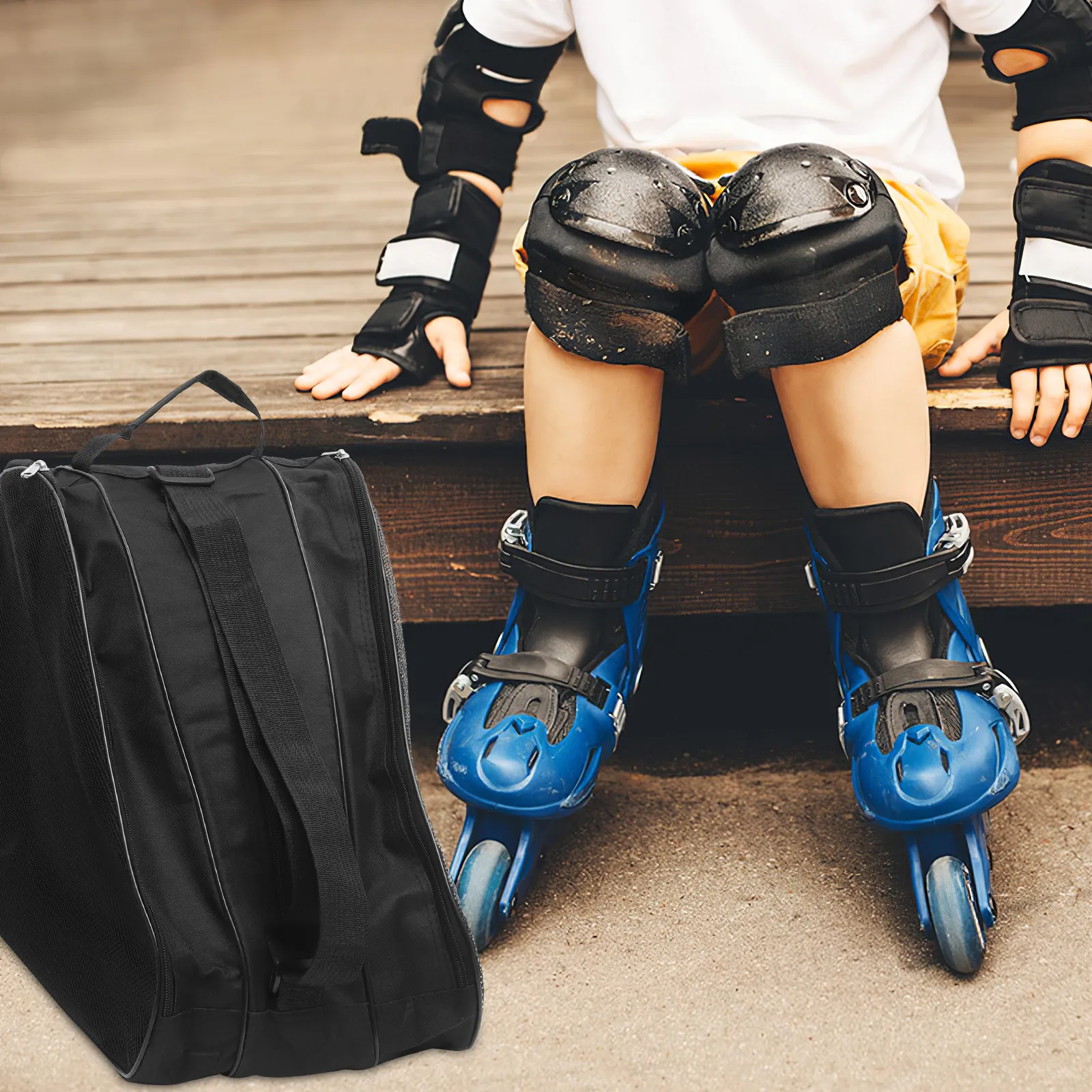 2Pcs Ice Skates Bag Roller Skate Holder Zipper Storage Portable Multi Layer Skating Shoes Carrier Outdoor Use Roller Skates Bag