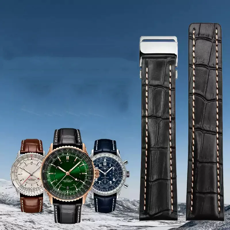 

22 24mm Genuine Leather Watch Strap for Breitling Super Marine Aviation Timing Avengers Challenger Series Male Bamboo Watchband