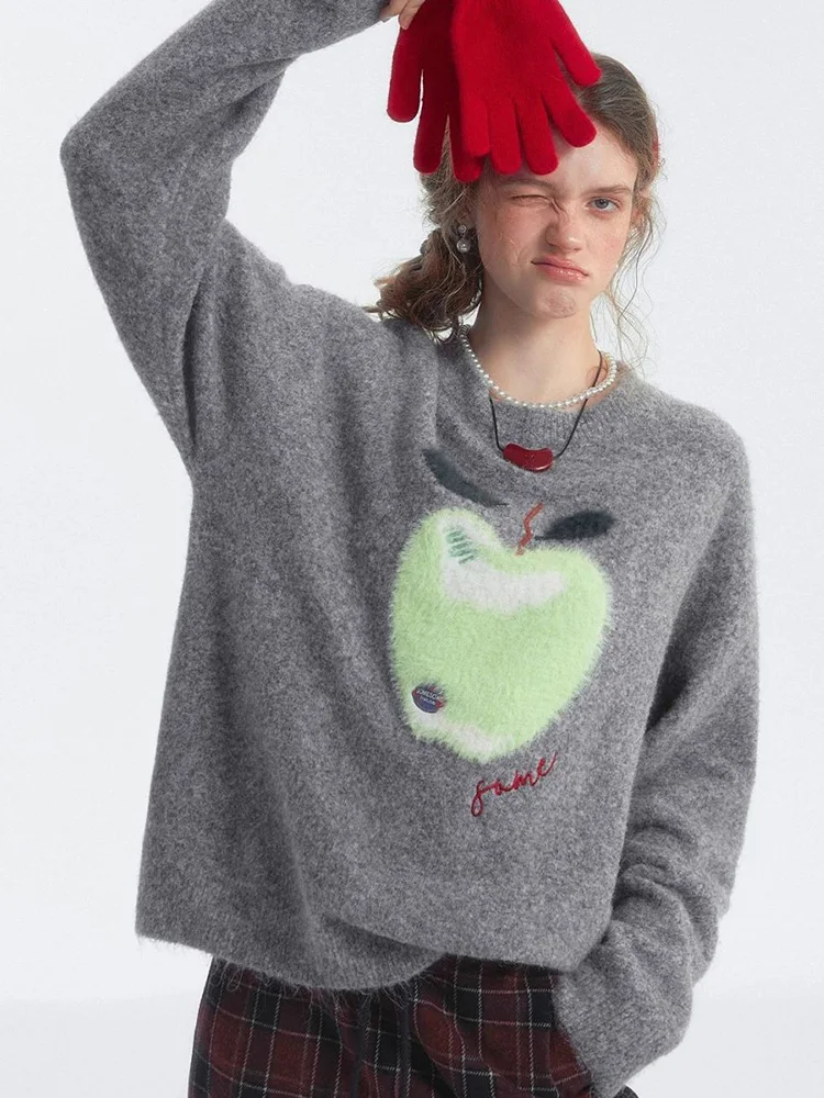 

Винтажный серый свитер с американским принтом, женский свободный высококачественный вязаный джемпер Y2K, осенний женский мягкий топ с круглым вырезом и длинными рукавами в стиле ретро