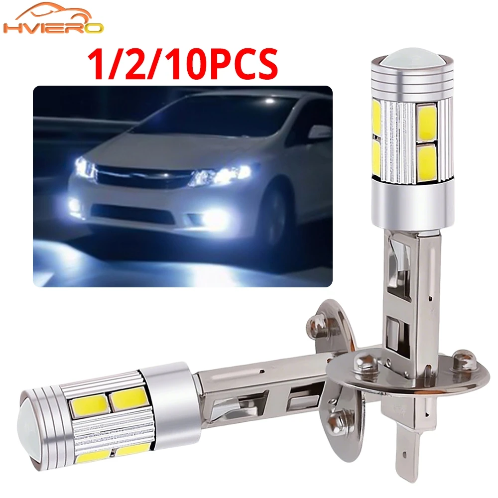 1/2/10pcs H1 Car LED Headlight Fog Turn Signal Bulb 5630 10SMD Super Bright Auto Driving Lamp White Brake Light Headlamp DC 12V