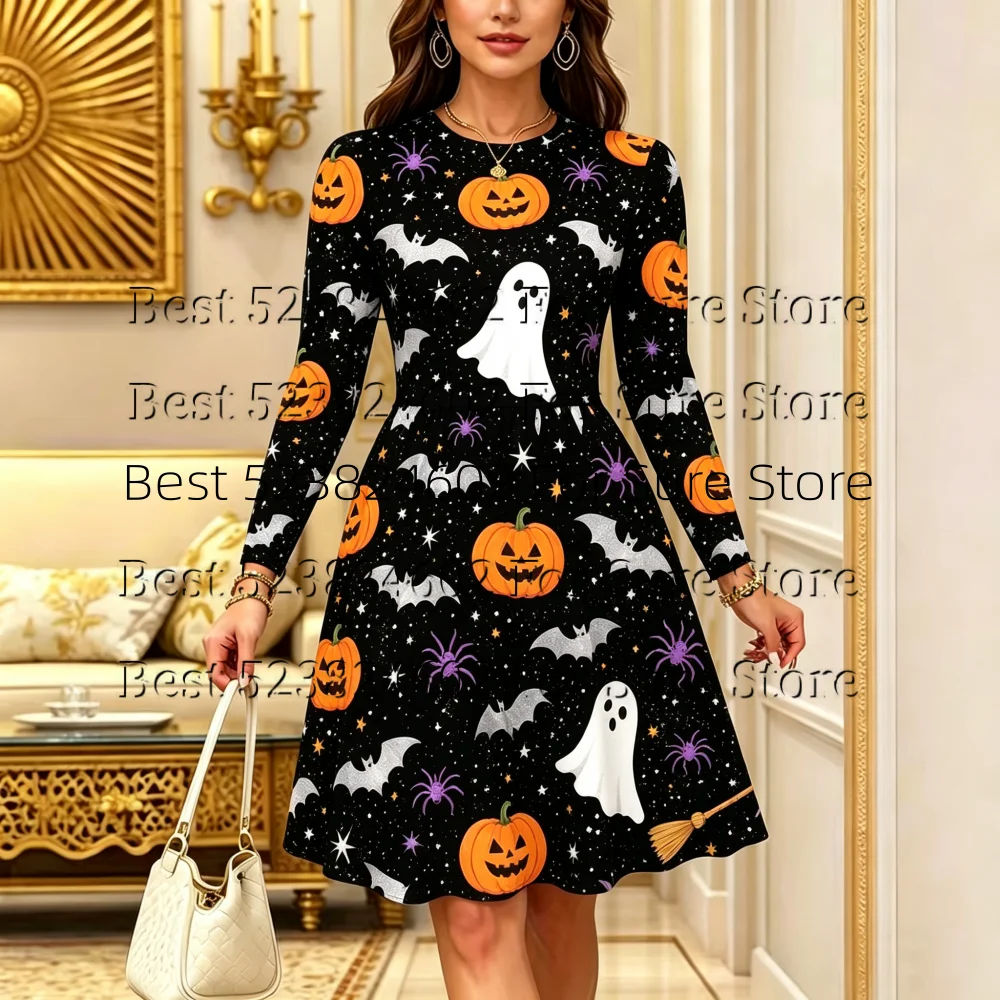 Damen-Halloween-Midikleid mit Print, O-Ausschnitt, lange Ärmel, A-Linien-Swing-Kleid, Kürbis-Hexen-Schloss-Muster, lässiges Party- und Urlaubskleid – Detail 7