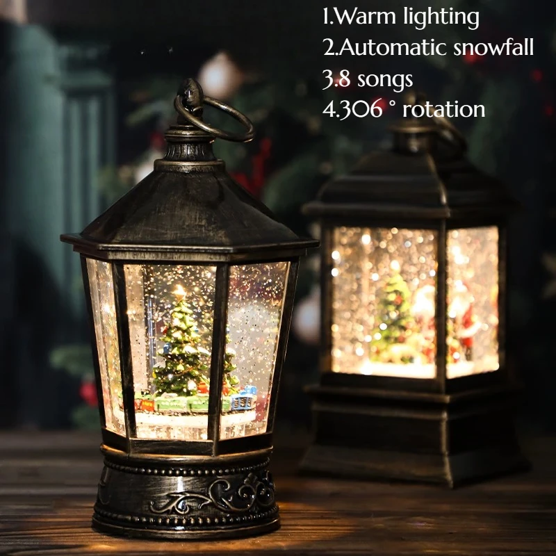 Christmas Rotating Music Box Crystal Glowing Snow Ornament Santa Claus Tree Home Decoration