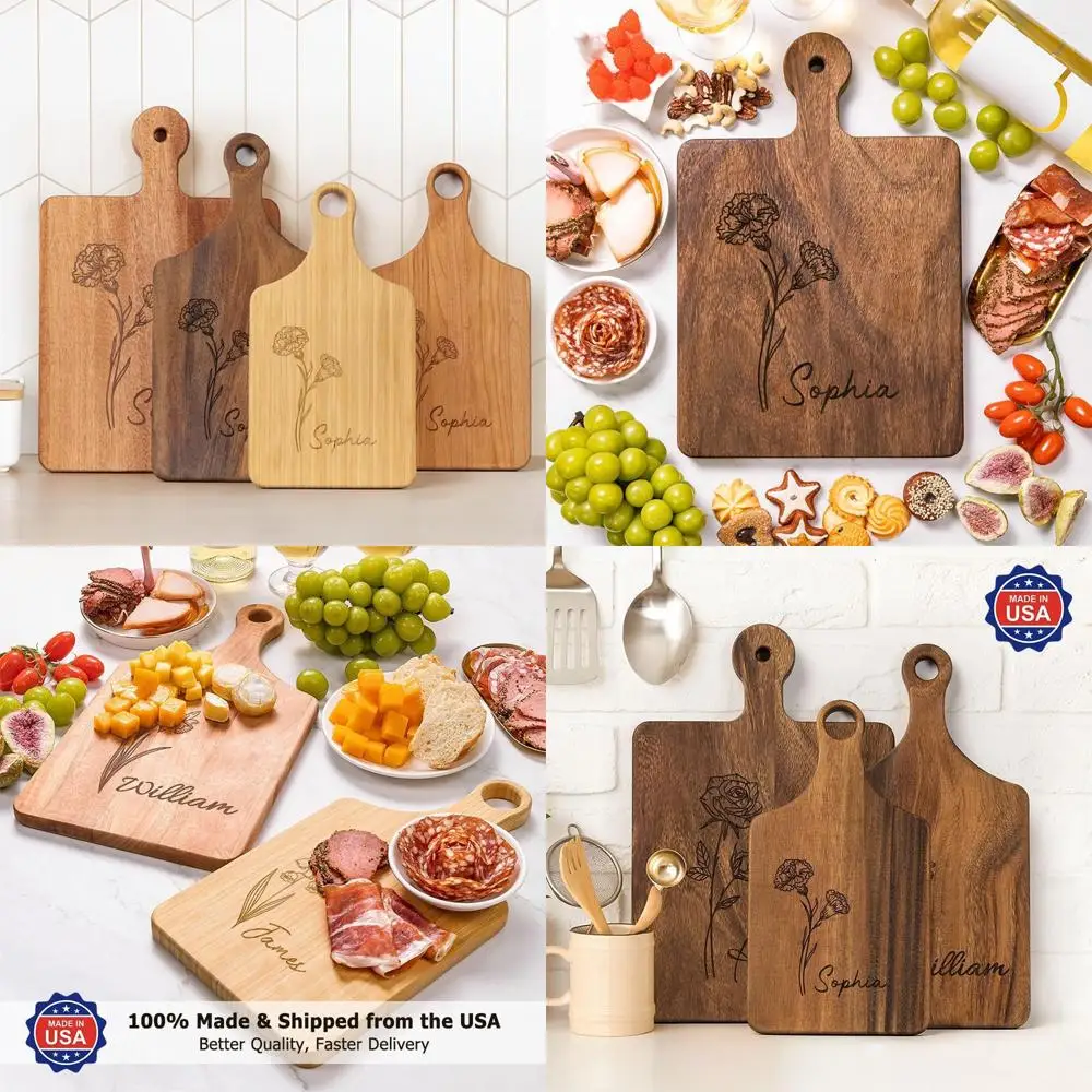 

Personalized Wooden Cutting Board Featuring Birth Flower and Name, Engraved Kitchen Chopping Board with Handle, Ideal Christmas