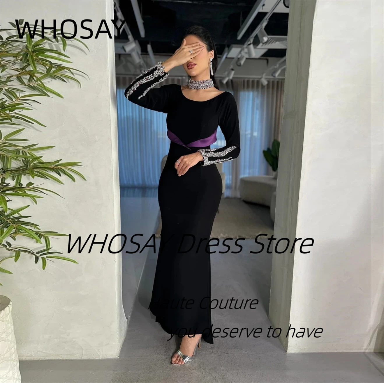 WHOSAY Arabia Saudita mujeres usan Vestidos de Noche de manga larga con cuentas Color de contraste Sash Vestidos Des Fiesta vestido de fiesta negro